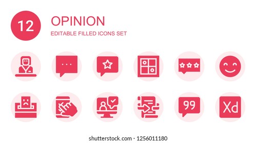 opinion icon set. Collection of 12 filled opinion icons included Commentator, Comment, Feedback, Evaluation, Review, Complaint, Testimonial, Quote, Happy, Experience