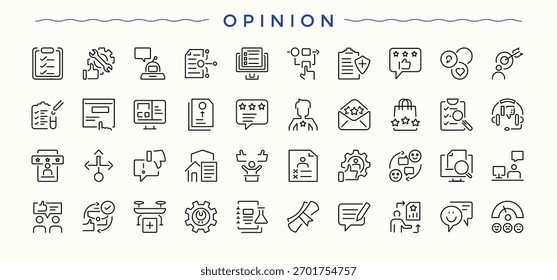 Conjunto de iconos de opinión. Iconos lineales mínimos. Contiene simbolos de luz, creatividad, cerebro, lluvia de ideas, Plan, bombilla, inteligencia. Trazo editable. Pixel perfecto. Conjunto de iconos del cerebro.