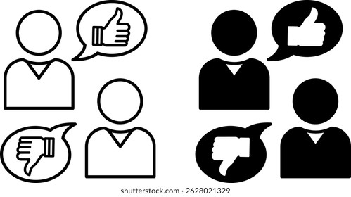 Opinion Icons. Black and White Vector Illustrations. Judgment, Evaluation, Conclusion. People, Like and Dislike. Speaking Concept