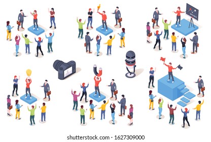 Opinion leader, audience influencer, vector isometric icons. Brand marketing campaign and SMM social media influence creative concept. Opinion leader leading people customers with magnet and idea lamp