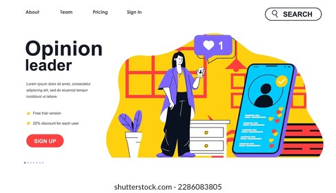 Opinion leader concept for landing page template. Woman blogger makes live stream to followers using mobile app. Blogging people scene. Vector illustration with flat character design for web banner
