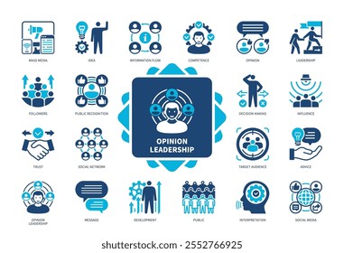 Opinion Leadership icon set. Competence, Influence, Followers, Trust, Interpretation, Advice, Public, Development. Duotone color solid icons