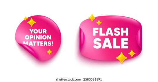 Opinion matters sticker tag. Flash offer paper price banner. Your opinion matters tag. Survey or feedback sign. Client comment. Discount sticker with 3d glitter. Vector