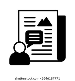 Opinion mini illustration glyph icon, use for journalist, broadcasting, news and media UI, UX kit, app and web development, digital or print.