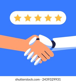 Opinion on product and service. Chatbot and boy online survey. Artificial intelligence leaves feedback. Artificial intelligence and business internet of things concept. Flat vector illustration.