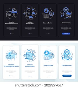 Opinion polarization onboarding mobile app page screen. Science denial walkthrough 4 steps graphic instructions with concepts. UI, UX, GUI vector template with linear night and day mode illustrations