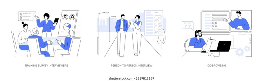 Opinion poll abstract concept vector illustration set. Training survey interviewers, person-to-person interview, co-browsing with respondent, sociological survey, social science abstract metaphor.