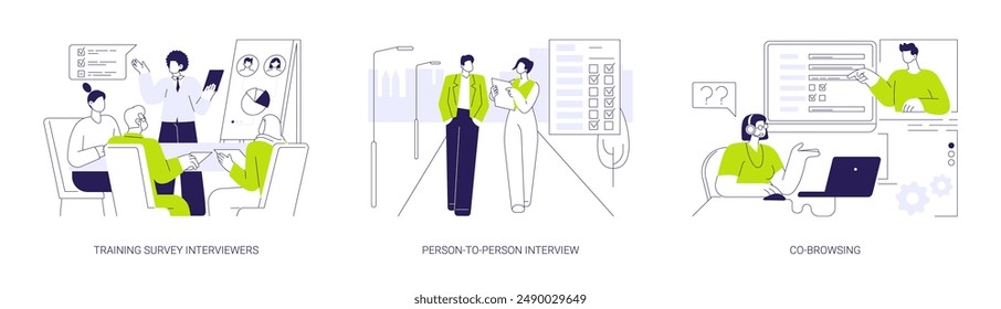 Opinion poll abstract concept vector illustration set. Training survey interviewers, person-to-person interview, co-browsing with respondent, sociological survey, social science abstract metaphor.