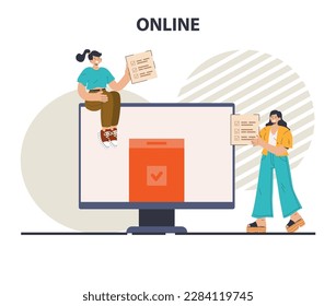 Opinion poll concept. Characters taking online survey. Assessment of people experience of services, opinions, questionnaire forms and checklists. Online form for elections. Flat vector illustration