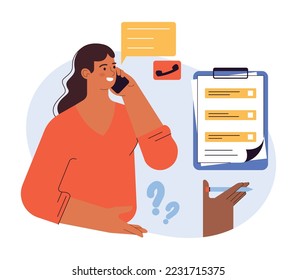 Concepto de encuesta de opinión. Llamada telefónica y encuesta en línea. Evaluación de la experiencia de las personas en servicios, opiniones, formularios de cuestionario y listas de verificación. Ilustración vectorial plana