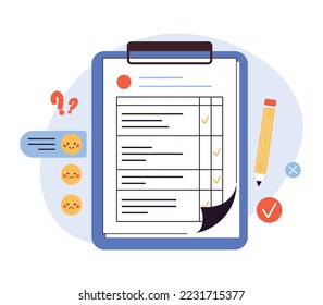 Opinion poll concept. Phone call and online survey. Assessment of people experience of services, opinions, questionnaire forms and checklists. Flat vector illustration