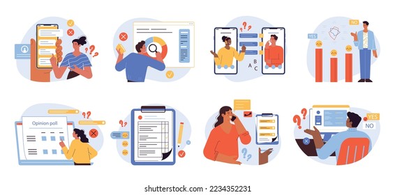 Opinion poll concept set. Phone call and online survey. Assessment of people experience of services, opinions, questionnaire forms and checklists. Flat vector illustration