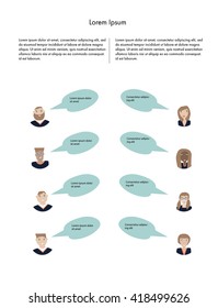 Opinion poll flat illustration of two groups of people male and female, men ans women and speech bubbles between them with text infographics. Vector illustration.