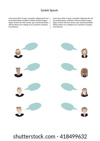 Opinion poll flat illustration of two groups of people male and female, men ans women and speech bubbles between them. Vector illustration.