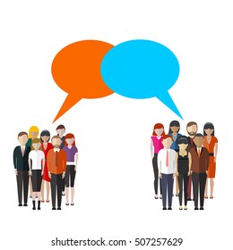 Opinion Poll Flat Illustration Of Two Groups Of People And Speech Bubbles Between Them.