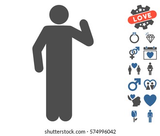 Opinion Pose icon with bonus valentine pictograms. Vector illustration style is flat iconic cobalt and gray symbols on white background.