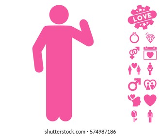 Opinion Pose pictograph with bonus love pictograms. Vector illustration style is flat iconic pink symbols on white background.