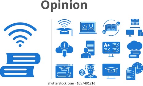 opinion set. included feedback, cloud library, professor, study, cap, test, student, school, book, information, student-desktop, login icons. filled styles.