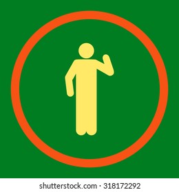 Opinion vector icon. This rounded flat symbol is drawn with orange and yellow colors on a green background.