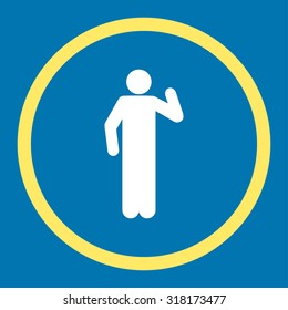 Opinion vector icon. This rounded flat symbol is drawn with yellow and white colors on a blue background.