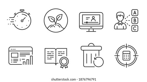 Los iconos de línea de destino Opinión, informe Web y Calculadora se establecen. Firmas de certificado, inicio y temporizador. Basura de recuperación, símbolos de video en línea. Elija respuesta, Graph chart, Audit. Conjunto de educación. Vector