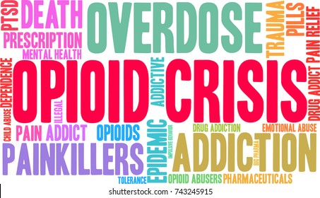 Opioid Crisis word cloud on a white background. 