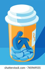 opioid and prescription drug addiction concept - a person trapped inside a pill bottle