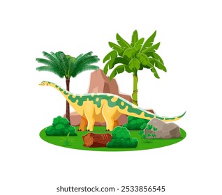 Opisthocoelicaudia prehistoric dinosaur character. Isolated cartoon vector herbivore dino animal reptile with long neck and tail, standing in a tropical forest landscape with palm trees and rocks