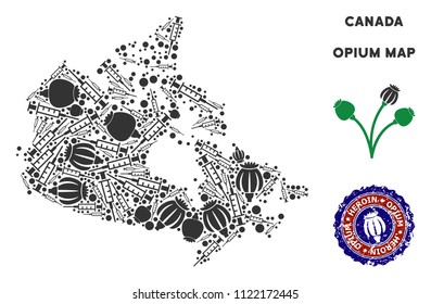 Opium addiction Canada map mosaic of poppy heads and syringes. Concept for narcotic addiction campaign against heroin dependence.