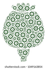 Opium Poppy composition of vector gears. Vector cog wheel symbols are united into opium poppy pattern.