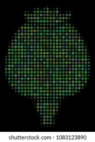 Opium poppy halftone vector icon. Illustration style is pixelated iconic opium poppy symbol on a black background. Halftone matrix is constructed of spheric cells.