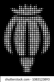 Opium poppy halftone vector icon. Illustration style is pixel iconic opium poppy symbol on a black background. Halftone pattern is made with spheric cells.