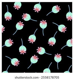 opium poppy pattern on black background