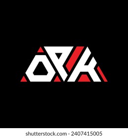OPK triangle letter logo design with triangle shape. OPK triangle logo design monogram. OPK triangle vector logo template with red color. OPK triangular logo Simple, Elegant, and Luxurious design.