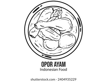 Opor Ayam ist ein Gericht, das aus Hühnern besteht, die in Kokosmilch aus Indonesien gekocht werden. Indonesisches Essen, Eid al-Fitr Urlaub. Schwarz-Weiß handgezeichnet Design, Linienkunst, Vektorgrafik.