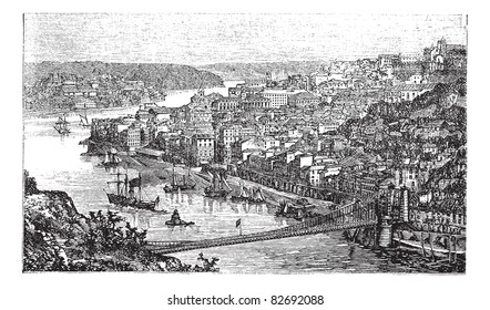 Oporto City, Portugal, vintage engraved illustration, in the late 1800s.  Trousset encyclopedia (1886 - 1891).