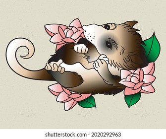 opossum art tattoo with flowers