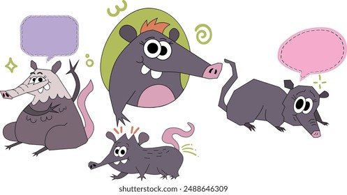 Opossum cartoon with speech bubble,hand drawn cartoon,cute Opossum Animal set.