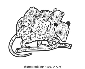 Opossum mom with baby opossum line art sketch engraving vector illustration. T-shirt apparel print design. Scratch board imitation. Black and white hand drawn image.