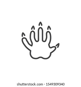 Opossum paw print line icon. linear style sign for mobile concept and web design. Possum animal footprint outline vector icon. Symbol, logo illustration. Vector graphics