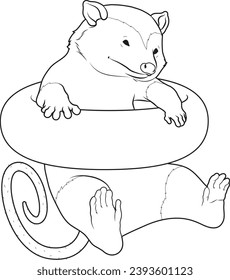 Opossum Swimming Lifebuoy Animal Vector Graphic Art Illustration