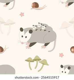 Opossum with three young on its back. Didelphis marsupial, snail and mushrooms. Seamless repeat pattern. Forest animal illustration.Trendy flat vector illustration. Hand-drawn 100 % pure vector.