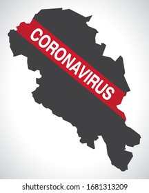 Oppland NORWAY county map with Coronavirus warning illustration