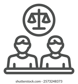 Opponents men at dialog table with scales line icon, justice concept. Vector graphics. Two human, man and weight scales sign on white background, outline style icon for mobile or web design