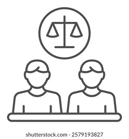 Opponents men at dialog table with scales thin line icon, justice concept. Vector graphics. Two human, man and weight scales sign on white background, outline style icon for mobile or web design