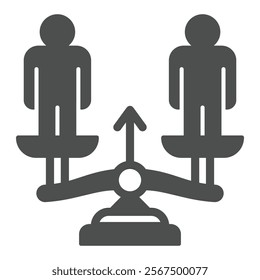 Opponents men on libra scales solid icon, justice concept. Vector graphics. Two human, man on weight scales sign on white background, glyph style icon for mobile or web design