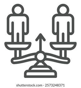 Opponents men on libra scales line icon, justice concept. Vector graphics. Two human, man on weight scales sign on white background, outline style icon for mobile or web design