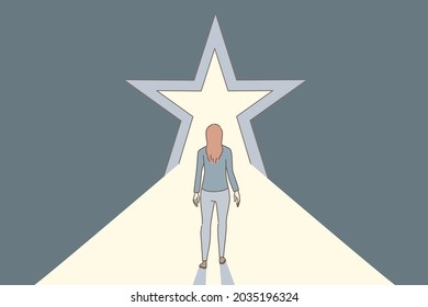 Opportunities, better future and leadership concept. Woman standing backwards and looking ahead at star tunnel entrance to future ahead vector illustration 