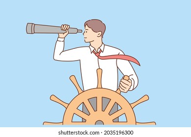 Opportunities and business development concept. Young smiling businessman cartoon character standing at wheel looking away with binoculars vector illustration 