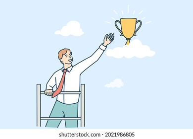Opportunities and business success concept. Young smiling businessman cartoon character standing reaching for golden trophy flying in air vector illustration 